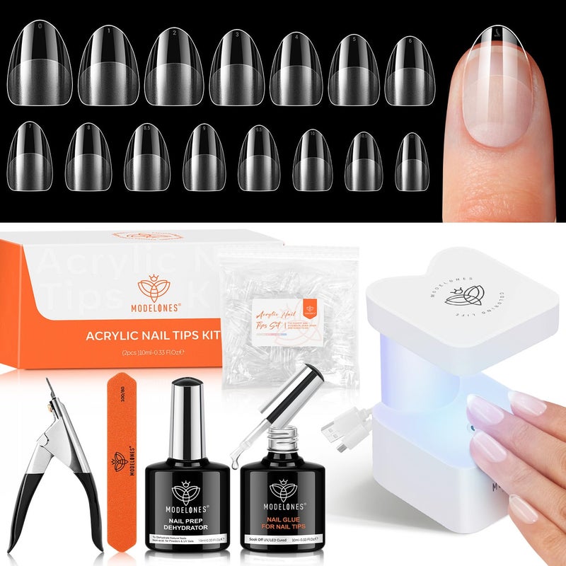 modelones Gel Nail Kit Almond Upgraded 15Sizes Fake Nails 510Pcs 9inOne Glue Prep Dehydrator  Portable Mini U V Light Acrylic Clipper Extra Short Almond Press on Tips Extension Kit
